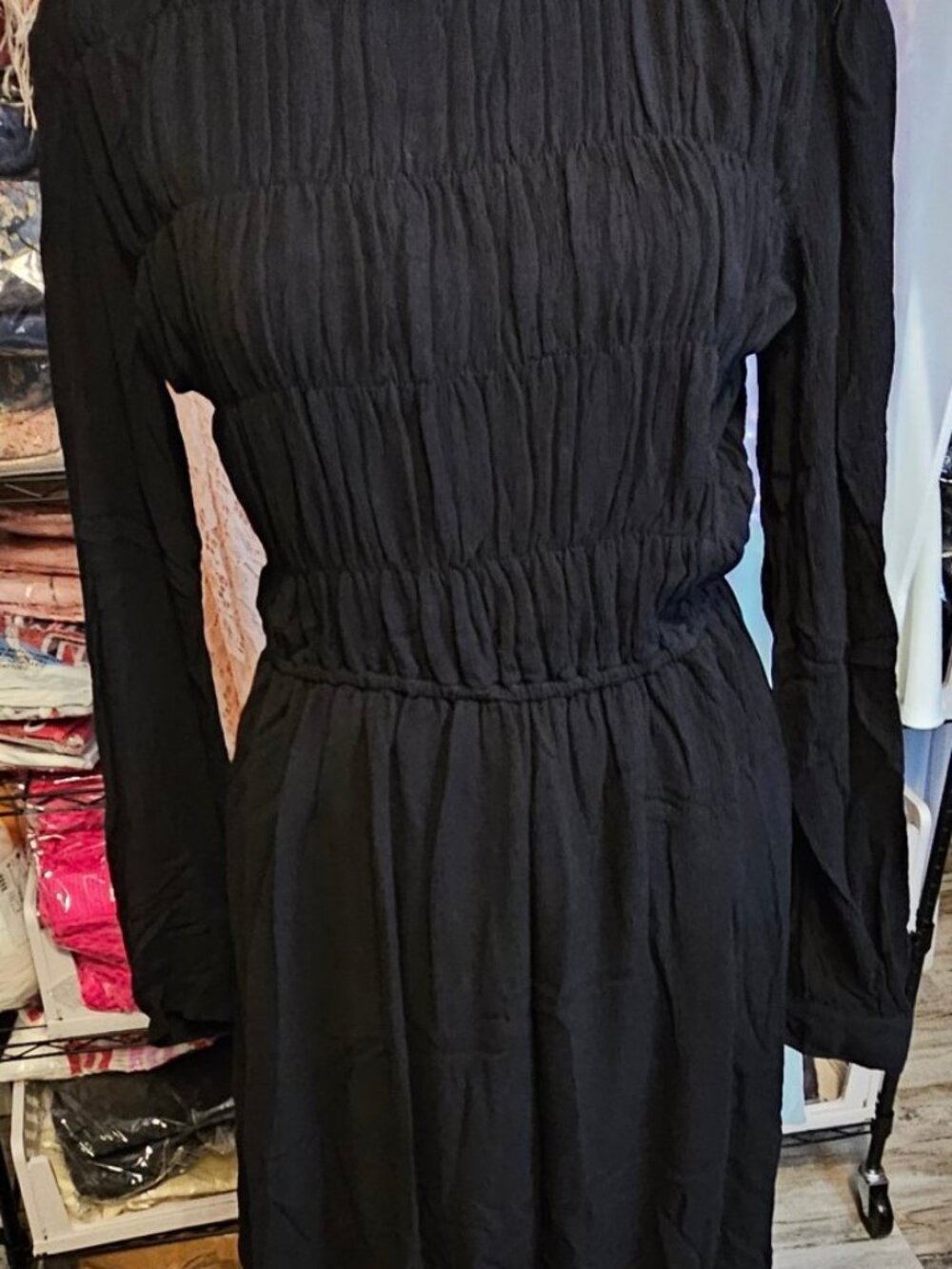 Size M Lilou Black Smocked Midi Dress Button Cuffs NWT (4 Available)